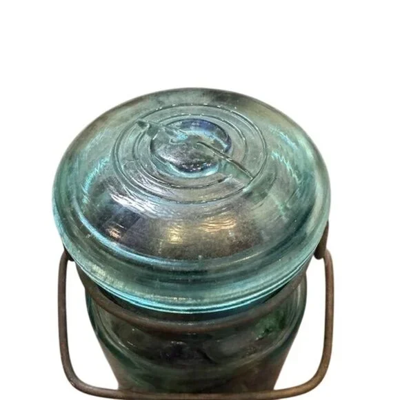 Vintage Blue Glass Jar With Wire Clamp with Glass Marbles - Picture 2 of 9